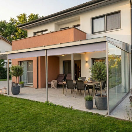 Terrassenüberdachung mit Schiebeverglasung & Vertikalmarkise